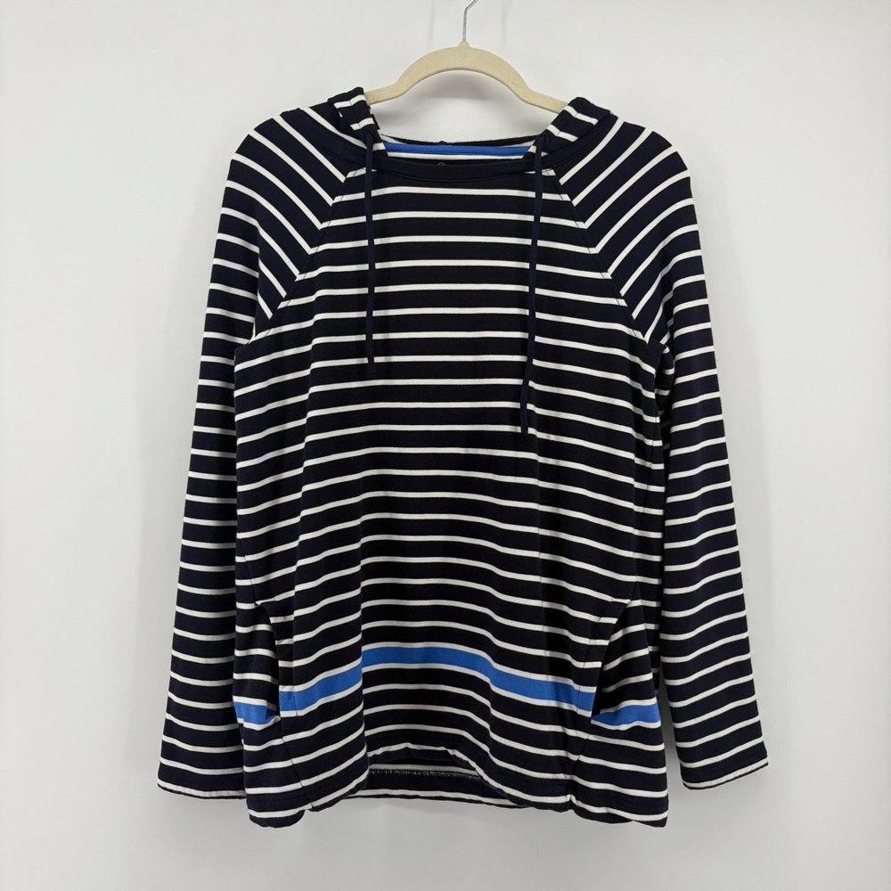 Talbots Womens MP Navy Blue Striped Pima Cotton Modal Hoodie Pockets Raglan
